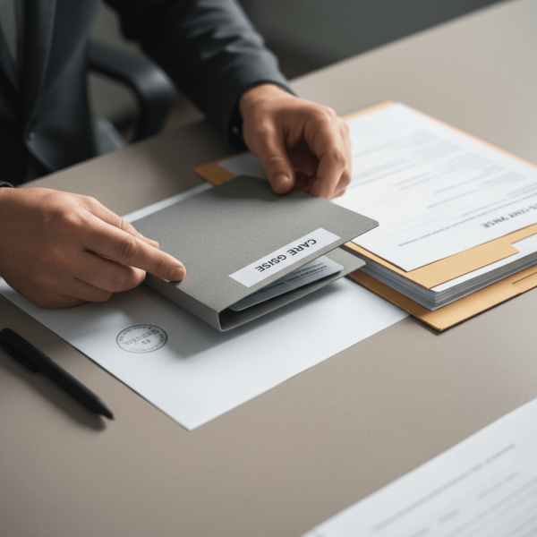 Professionnel automobile manipulant documents de vente et carte grise dans un DMS