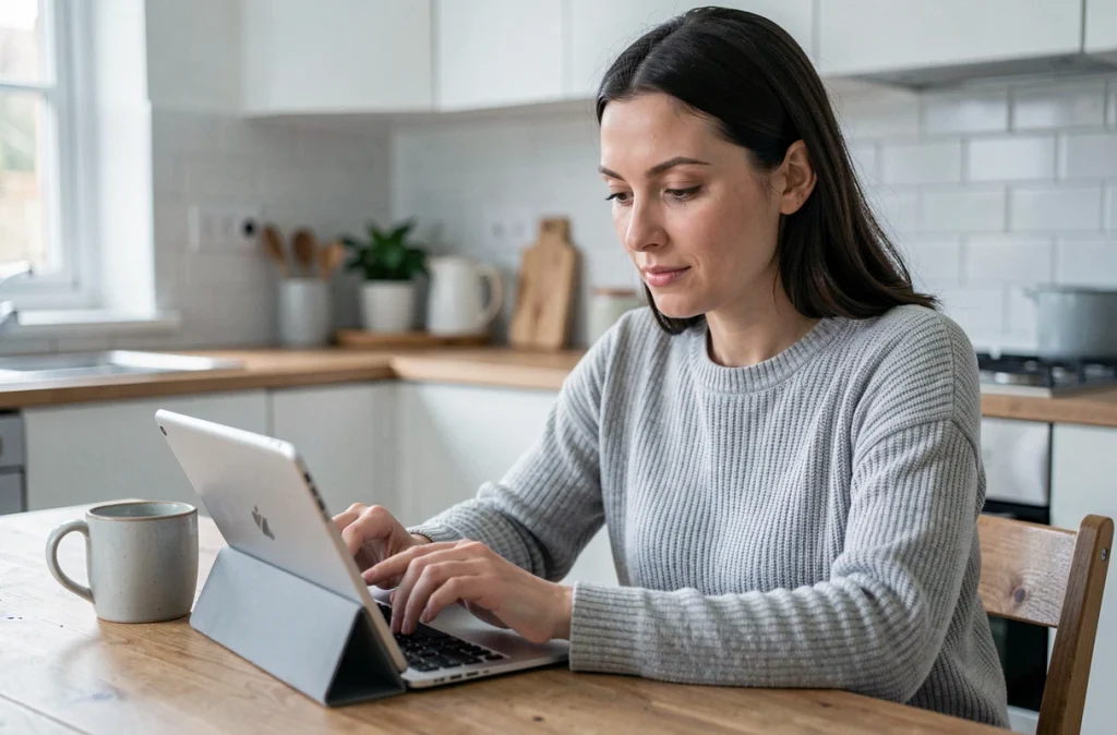 Femme consultant son espace MaBoxRH La Poste sur une tablette depuis son domicile