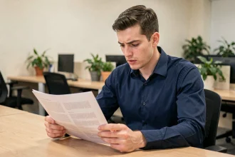 Jeune apprenti lisant attentivement un formulaire de rupture de contrat d'apprentissage en période d'essai à son bureau