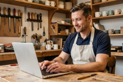 Artisan homme en tablier inscrit sur une plateforme en ligne depuis son atelier