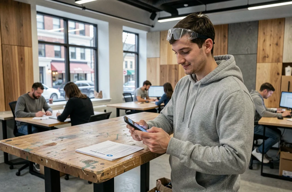 Jeune artisan menuisier utilisant son smartphone pour s'inscrire rapidement dans un espace de coworking