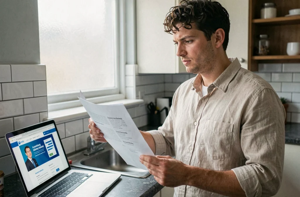 Jeune auto-entrepreneur chez lui examinant des documents comptables avec un regard critique vers un site de conseil en ligne
