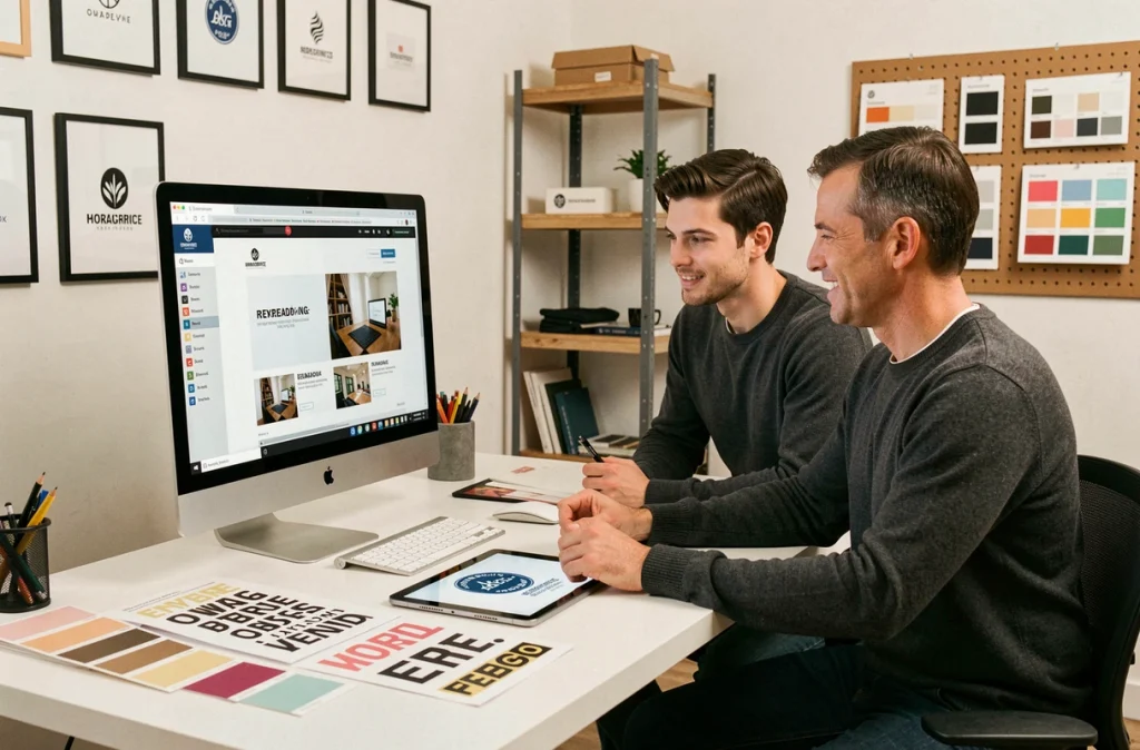 Collaboration entre un entrepreneur et un graphiste sur un projet de rebranding pour une petite entreprise