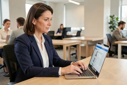 Femme professionnelle se connectant à un portail RH en ligne sur un ordinateur portable dans un bureau moderne