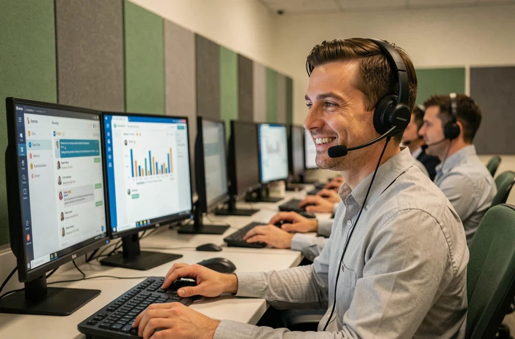 Conseiller client avec casque audio souriant devant un double écran affichant une interface de chat en direct dans un centre d'appels