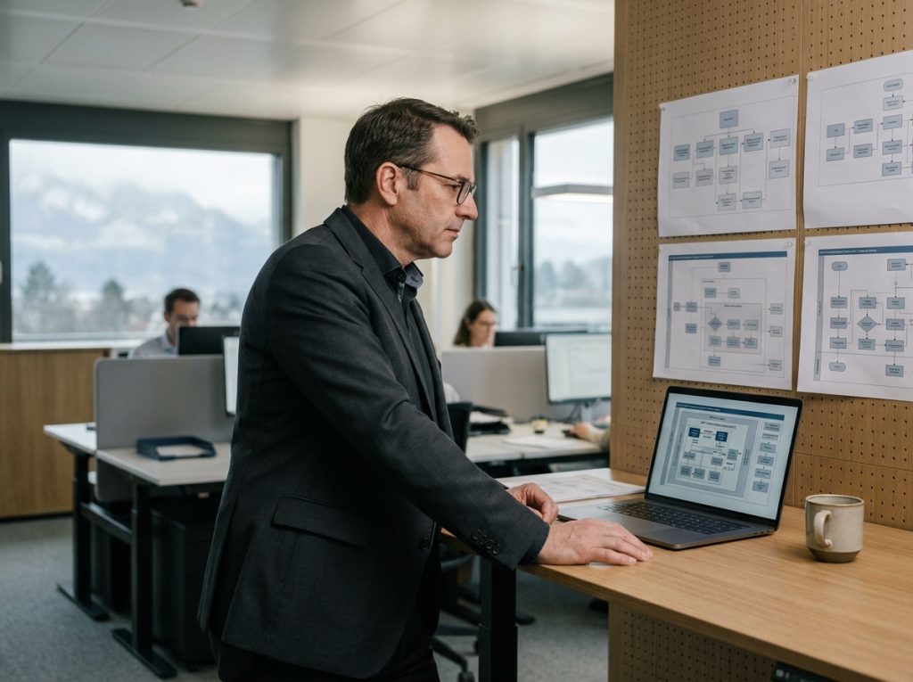 Consultant ERP analysant des schémas d'intégration numérique dans un bureau minimaliste à Genève