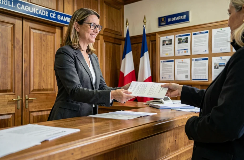 Femme déposant un dossier de demande de licence taxi au guichet d'une mairie française, démarche administrative pour obtenir une licence gratuite en 2026