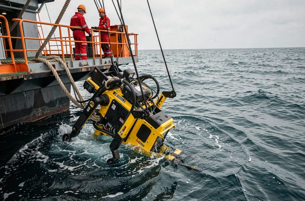 Déploiement d'un ROV depuis un navire de recherche lors d'une opération deep offshore