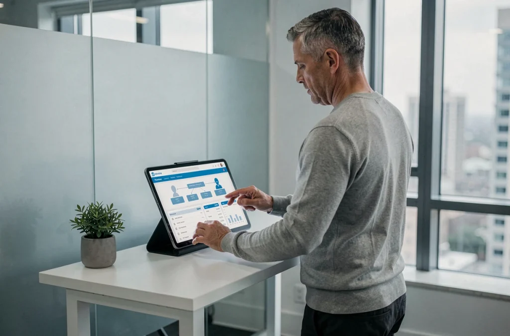 Directeur financier consultant une application de paie automatisée sur tablette dans un bureau exécutif