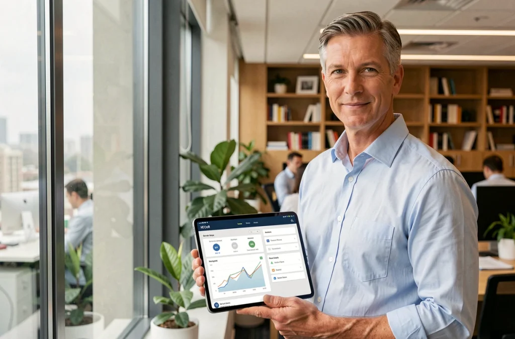 Directeur RH tenant une tablette avec des tableaux de bord analytiques PGI pour piloter la performance des ressources humaines
