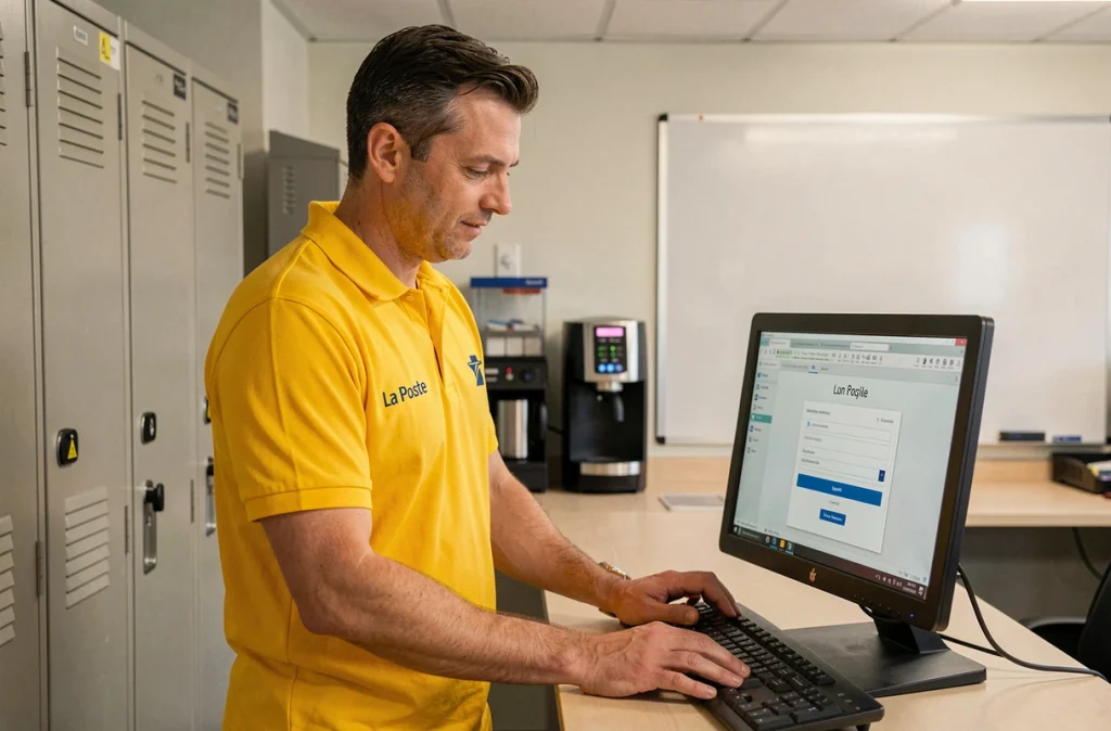 Employé de La Poste en uniforme accédant à son espace RH MaBoxRH sur un ordinateur de bureau