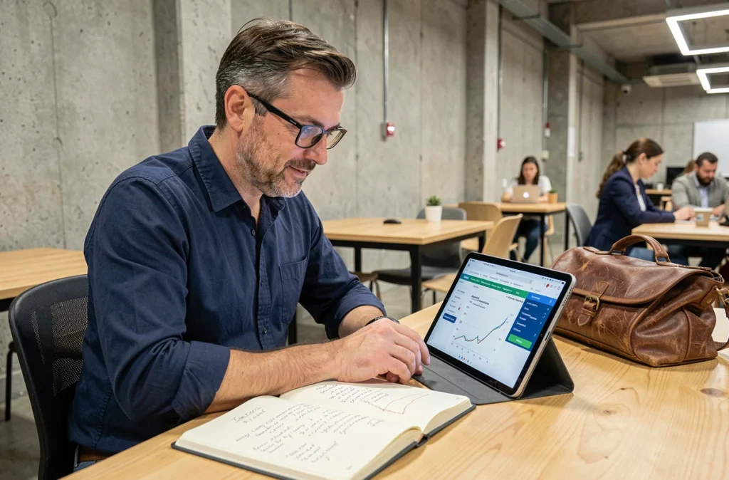 Entrepreneur indépendant en espace de coworking évaluant une plateforme de conseils comptables sur tablette