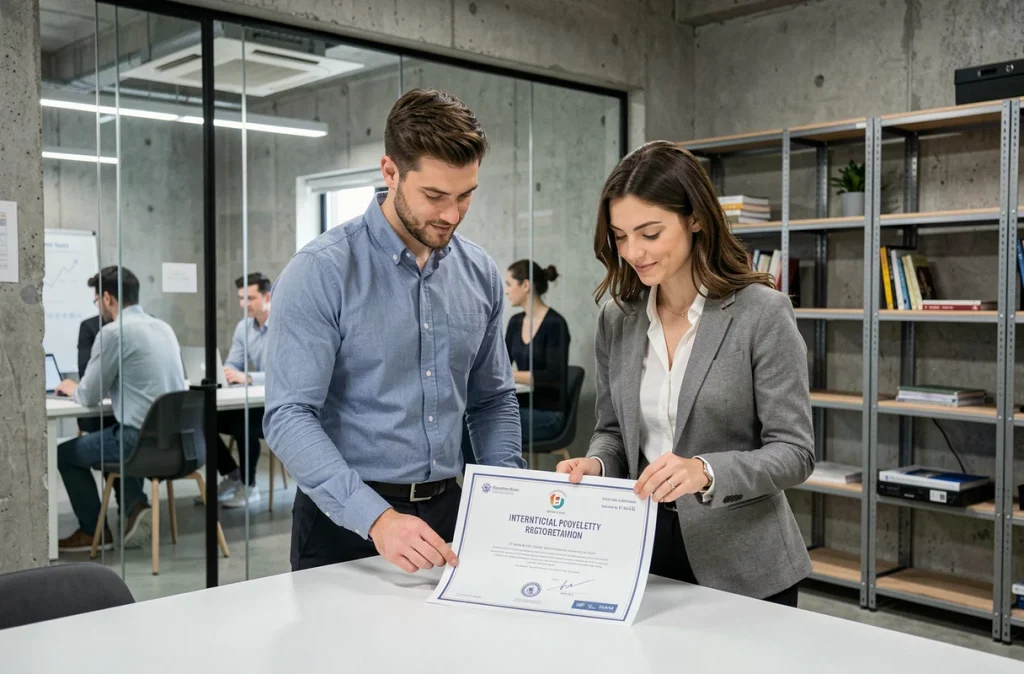 Deux entrepreneurs examinant un certificat de propriété intellectuelle dans un espace de co-working