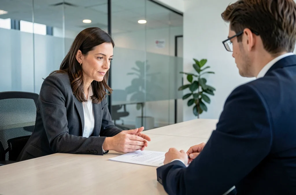 Entretien professionnel entre une responsable RH et un apprenti autour d'un formulaire de rupture de contrat en période d'essai