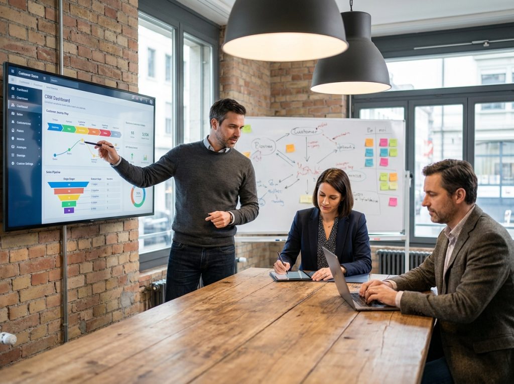 Équipe de consultants discutant d'une stratégie CRM lors d'un atelier de transformation digitale en Suisse
