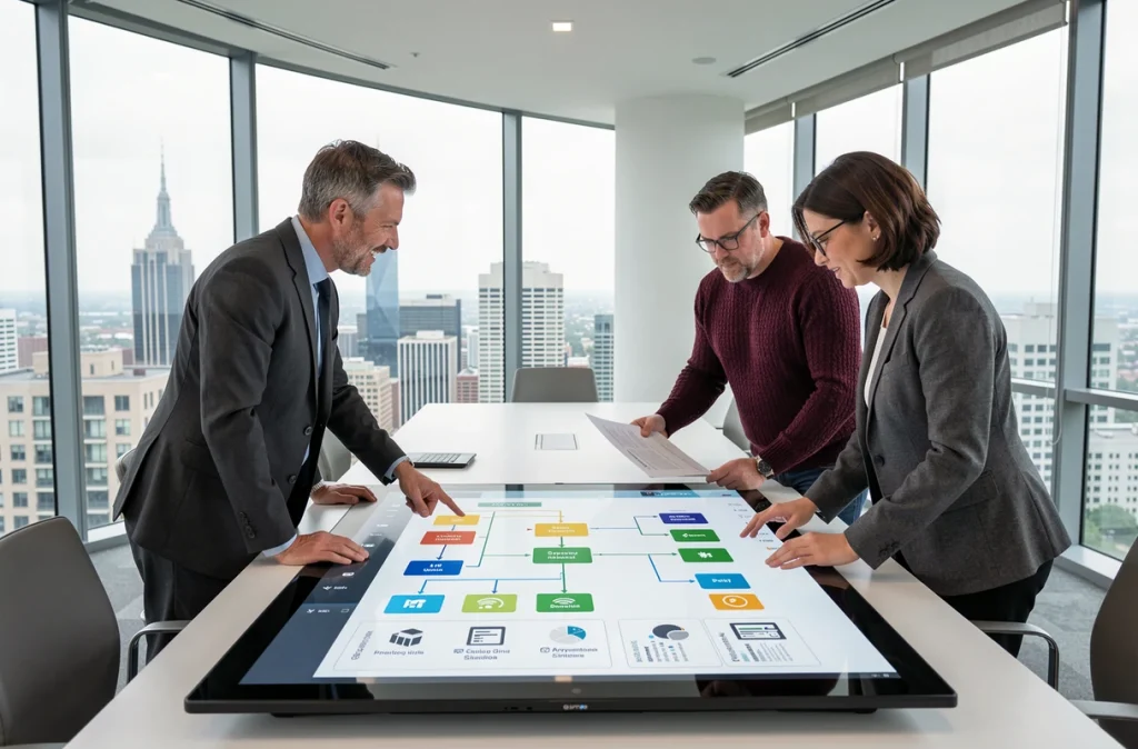 Équipe de direction en réunion autour d'une table tactile avec des modules ERP et RH pour planifier une transformation digitale