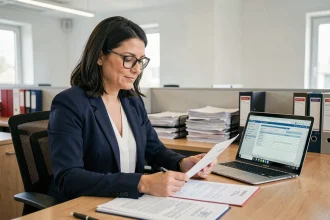 Professionnelle analysant des documents de propriété intellectuelle dans un bureau institutionnel moderne
