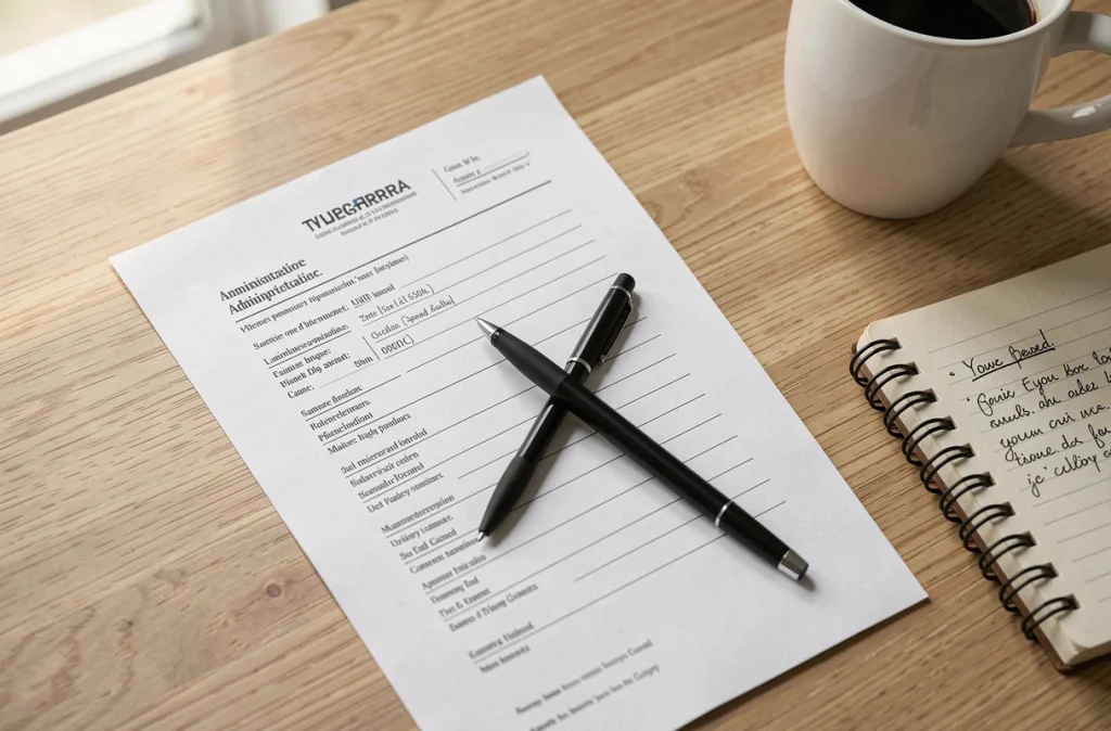 Vue aérienne d'un formulaire administratif de rupture de contrat d'apprentissage posé sur un bureau avec un stylo et des notes manuscrites