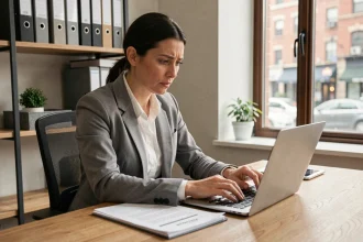 Freelance femme en micro-entreprise consultant un service d'experts comptables en ligne sur son ordinateur portable dans un bureau à domicile
