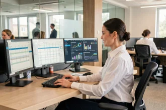 Responsable RH analysant des données de paie automatisées sur un double écran dans un bureau moderne