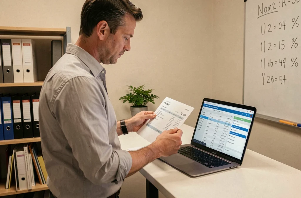Gestionnaire de paie analysant un bulletin de salaire imprimé à côté d'un écran de logiciel RH dans un cabinet comptable
