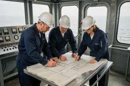 Équipe d'ingénieurs offshore étudiant des plans techniques sur une plateforme pétrolière en mer