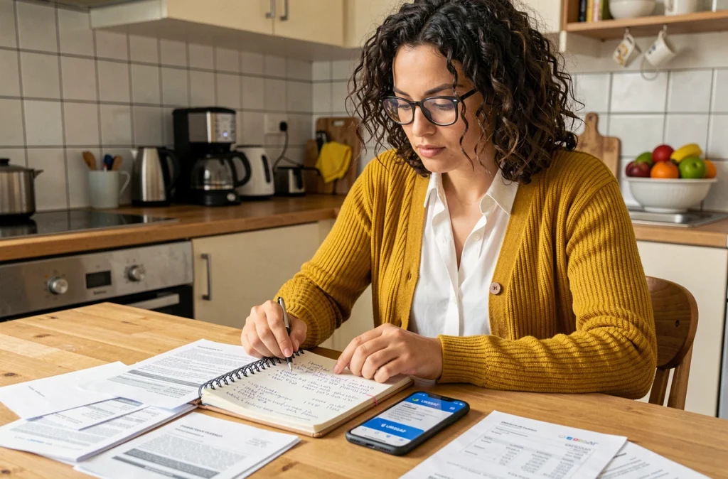 Jeune micro-entrepreneuse consultant l'application URSSAF entourée de reçus et notes