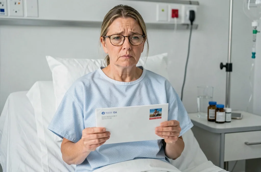 Patiente hospitalisée recevant une lettre recommandée de licenciement pendant son arrêt maladie
