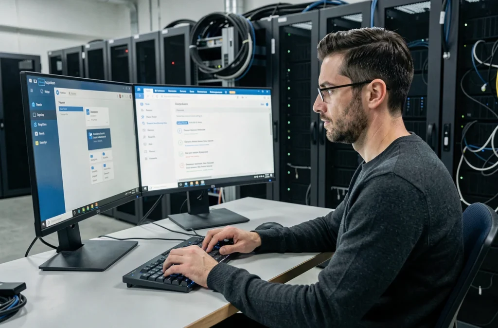 Professionnel informatique configurant un système de coffre-fort numérique sécurisé pour la gestion RH