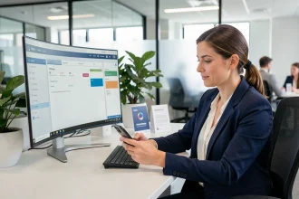 Professionnelle utilisant un tableau de bord CRM sur grand écran dans un bureau moderne pour optimiser la relation client