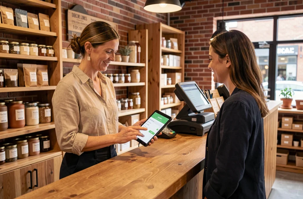 Propriétaire de boutique présentant un programme de fidélité numérique sur tablette à une cliente dans un commerce indépendant