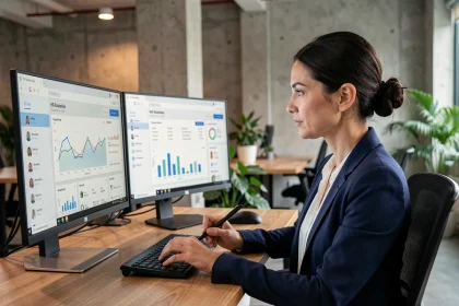 Responsable RH utilisant un logiciel PGI sur double écran dans un bureau moderne pour piloter la transformation digitale RH