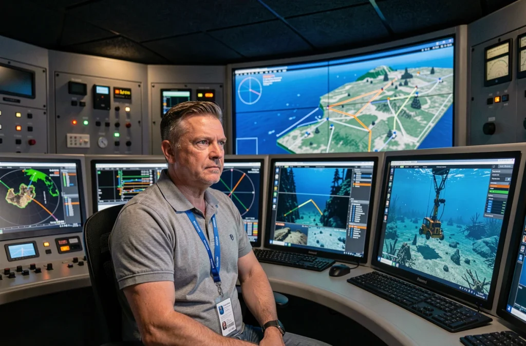 Opérateur de salle de contrôle supervisant une opération subsea deep offshore sur plusieurs écrans