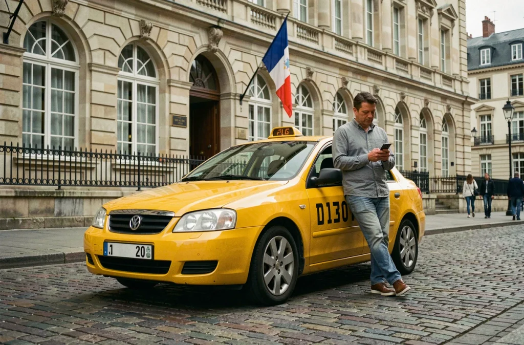 Taxi garé devant une mairie française avec son chauffeur consultant son téléphone, symbolisant la valeur et le prix d'une licence taxi obtenue gratuitement auprès de la municipalité