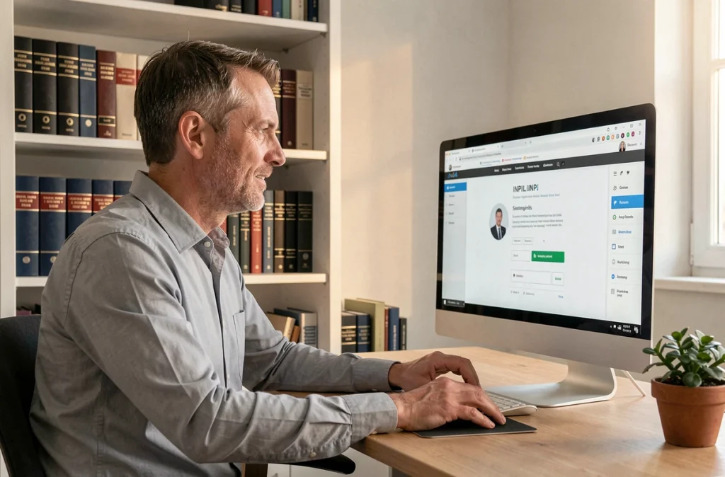 Entrepreneur naviguant sur le portail en ligne de l'INPI depuis son bureau à domicile
