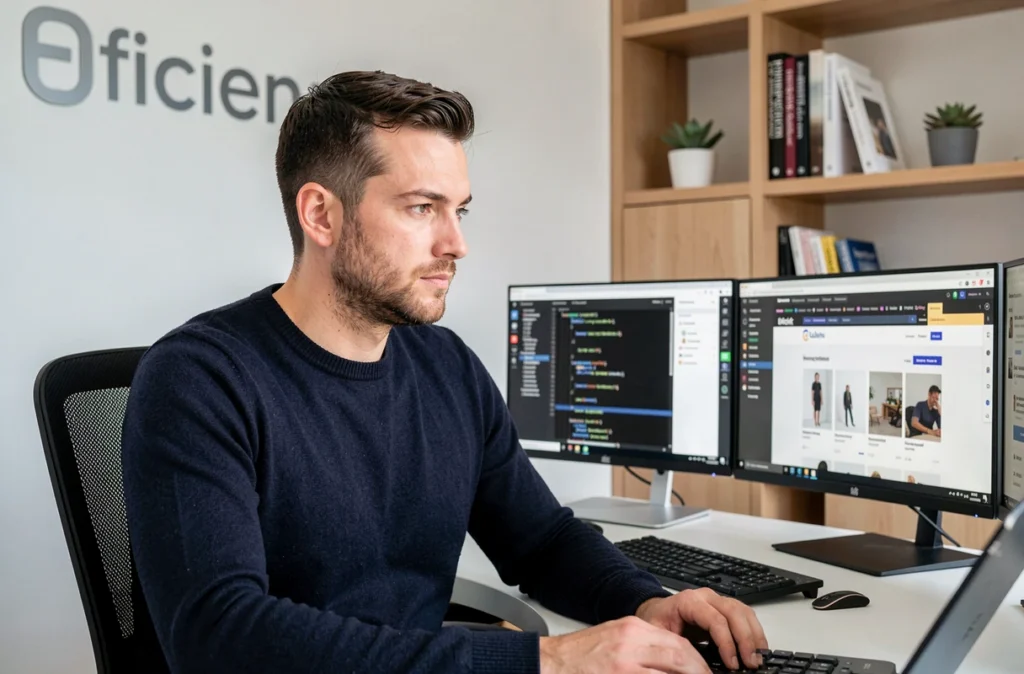 Développeur web de l'agence Eficiens travaillant sur un projet digital dans un bureau épuré