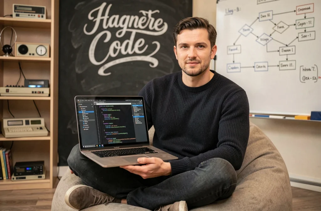 Développeur de l'agence Hagnère Code travaillant sur du code backend dans un studio tech décontracté