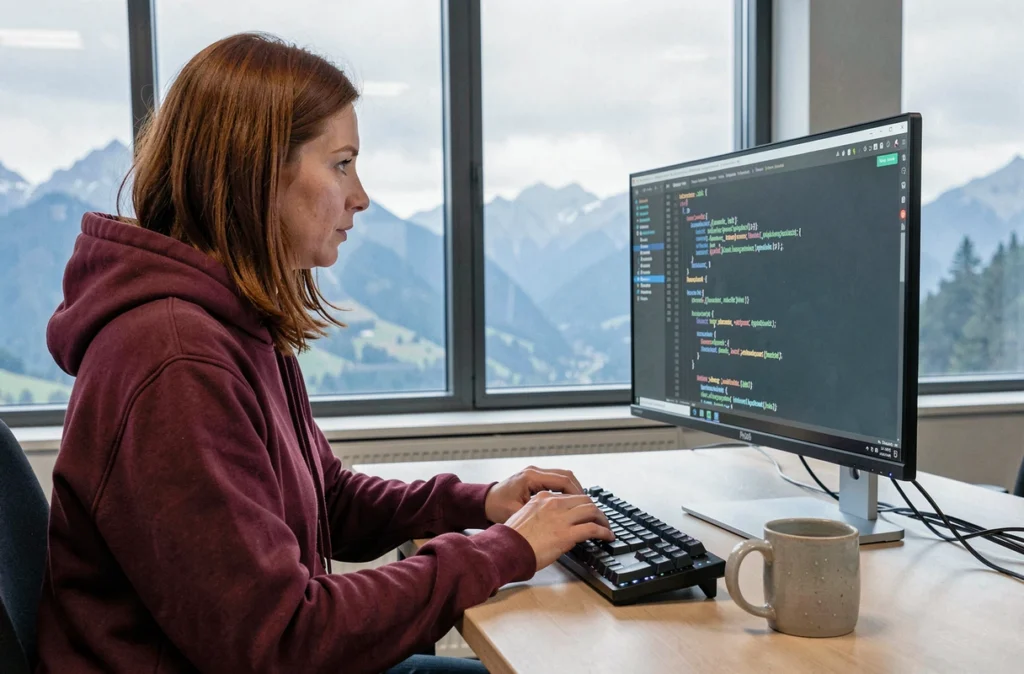 Développeuse web de l'agence Horizeo codant une interface React avec vue sur les Alpes en fond