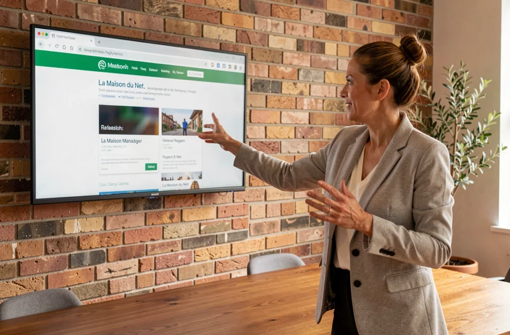 Chef de projet de l'agence La Maison du Net présentant une maquette web lors d'une réunion client