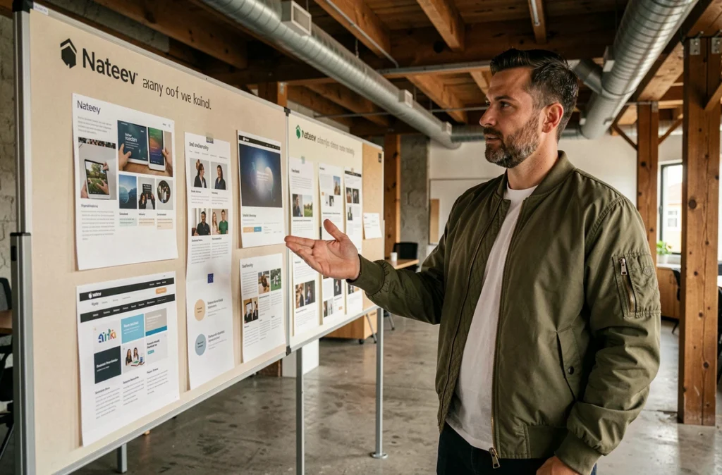 Directeur créatif de l'agence Nateev présentant des concepts de design web sur un mur d'inspiration