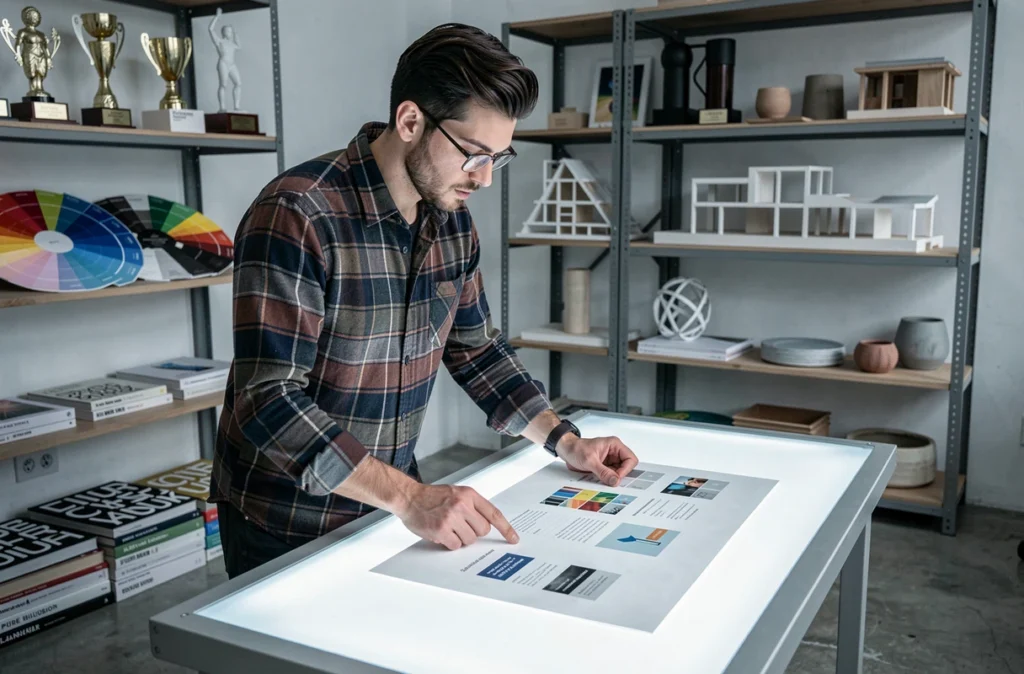Designer de l'agence Pure Illusion examinant une épreuve de mise en page web sur table lumineuse