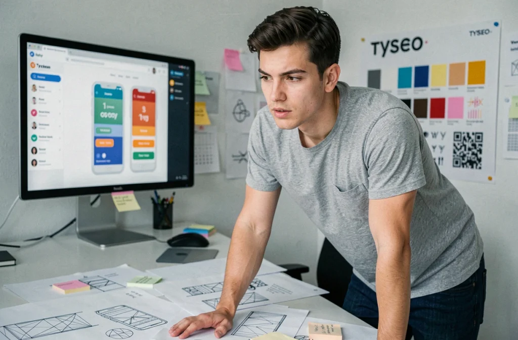 Designer UX de l'agence Tyseo étudiant des wireframes imprimés dans un bureau créatif