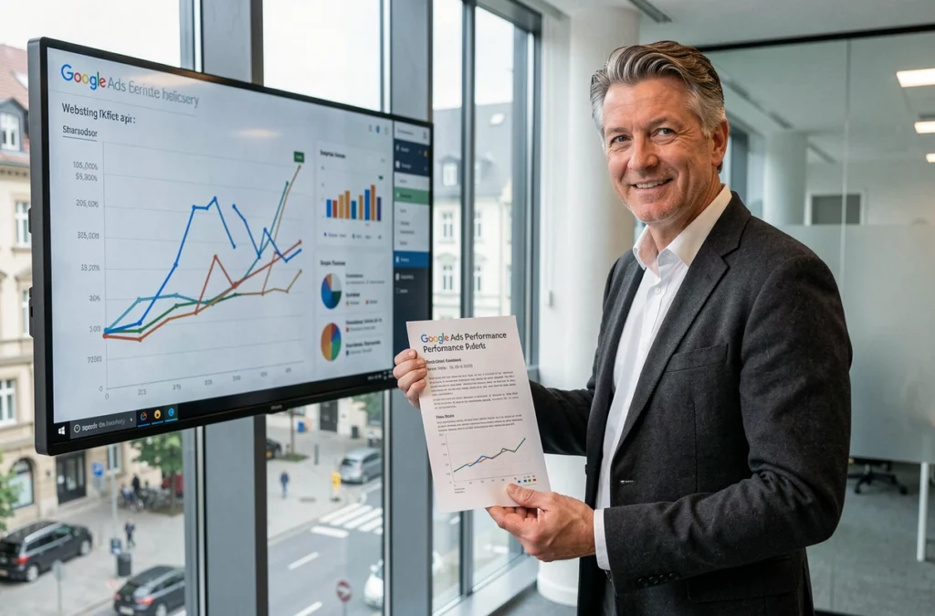 Consultant digital de l'agence Webgenius présentant un rapport Google Ads devant un écran analytique interactif