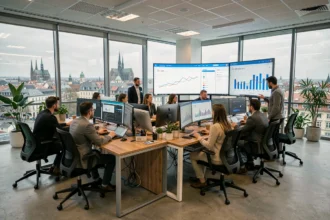 Vue d'ensemble d'une agence Google Ads dans le Bas-Rhin avec des professionnels travaillant sur des tableaux de bord numériques