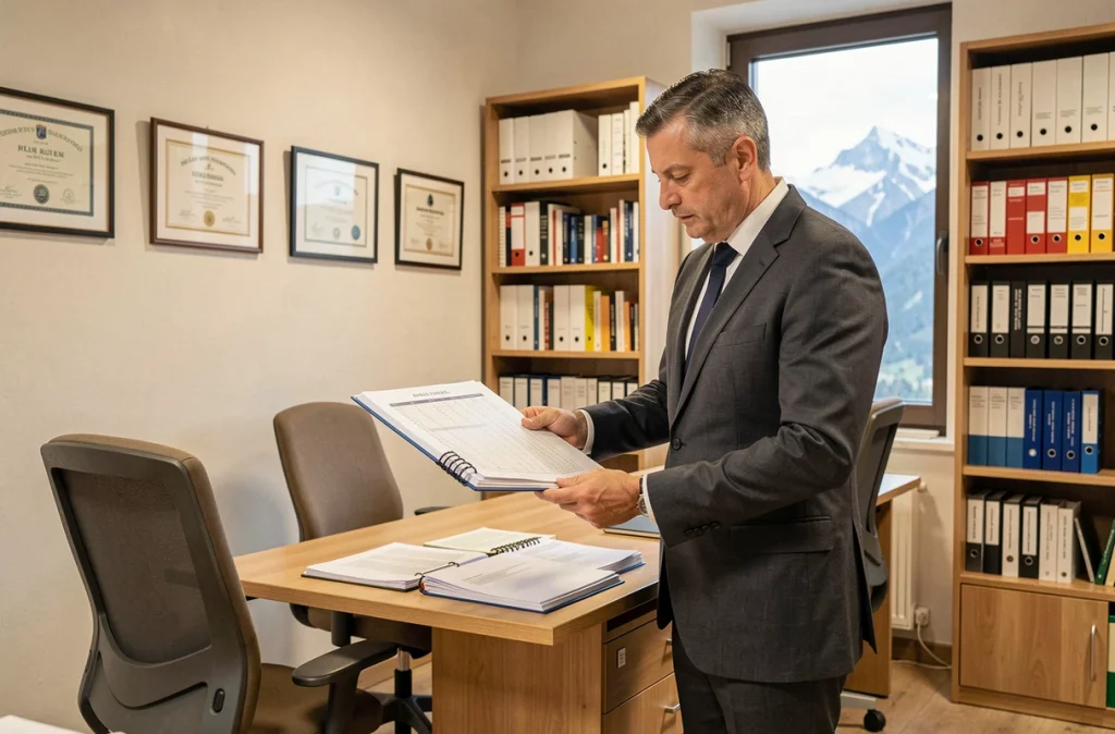 Expert-comptable senior de BDO Rhône-Alpes Annecy debout à son bureau, consultant un classeur financier dans des bureaux professionnels
