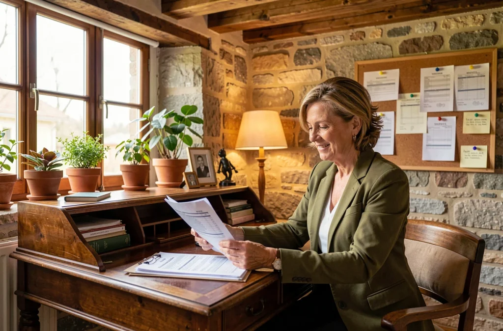 Experte-comptable du cabinet Ballara dans un bureau convivial et traditionnel, révisant attentivement un dossier fiscal client à son bureau en bois