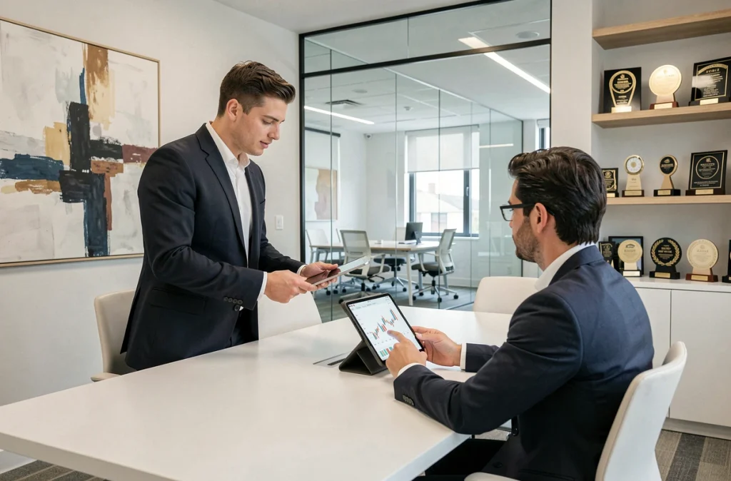 Conseiller du cabinet Exa Conseil présentant une analyse financière sur tablette à un client dans une salle de réunion moderne et minimaliste