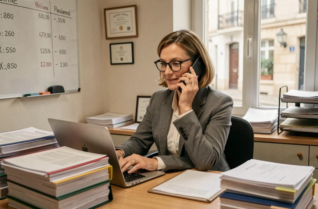 Experte-comptable de Cofidest au téléphone et au travail dans son bureau organisé, entourée de dossiers financiers et d'une ardoise de chiffres