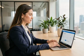 Jeune professionnelle se connectant au portail RH BNP Paribas sur un ordinateur portable dans un bureau moderne