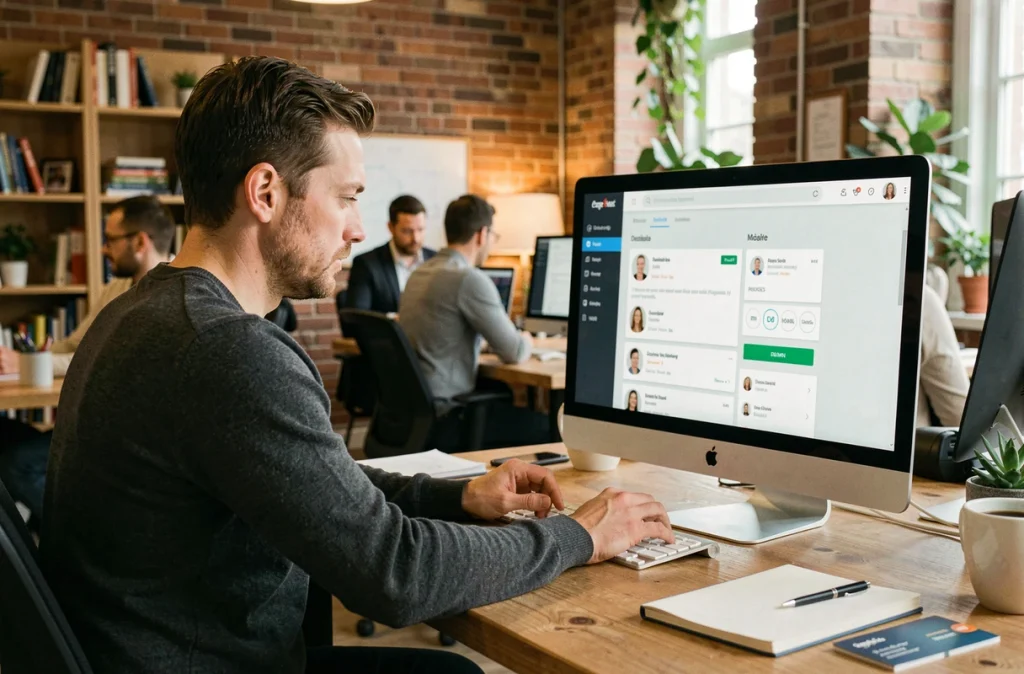 Dirigeant de PME consultant la plateforme Network-Entreprise.fr sur un écran d'ordinateur dans un espace de coworking, recherchant des opportunités de mise en relation commerciale
